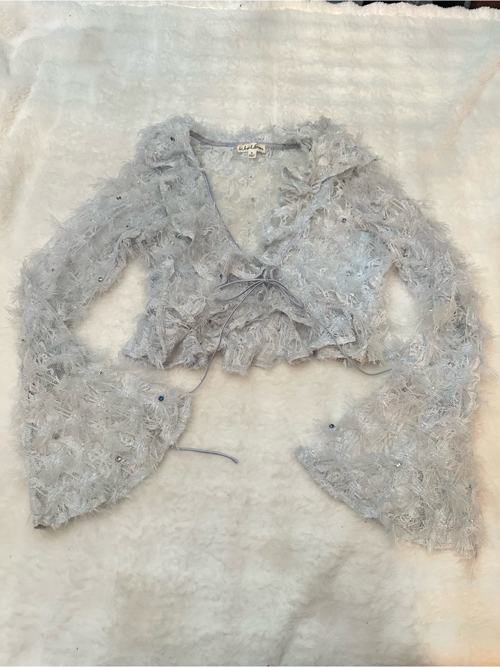 For Love & Lemons Moira Top Blue Eyelash Lace Cropped Cardigan 39239 - Picture 4 of 11